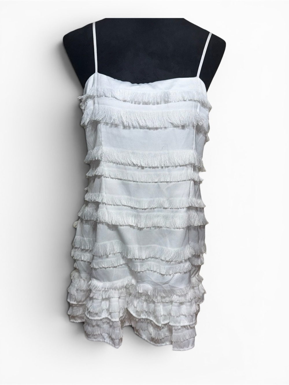 Princess Polly White Fringe Tiered Spaghetti-Strap Mini Dress